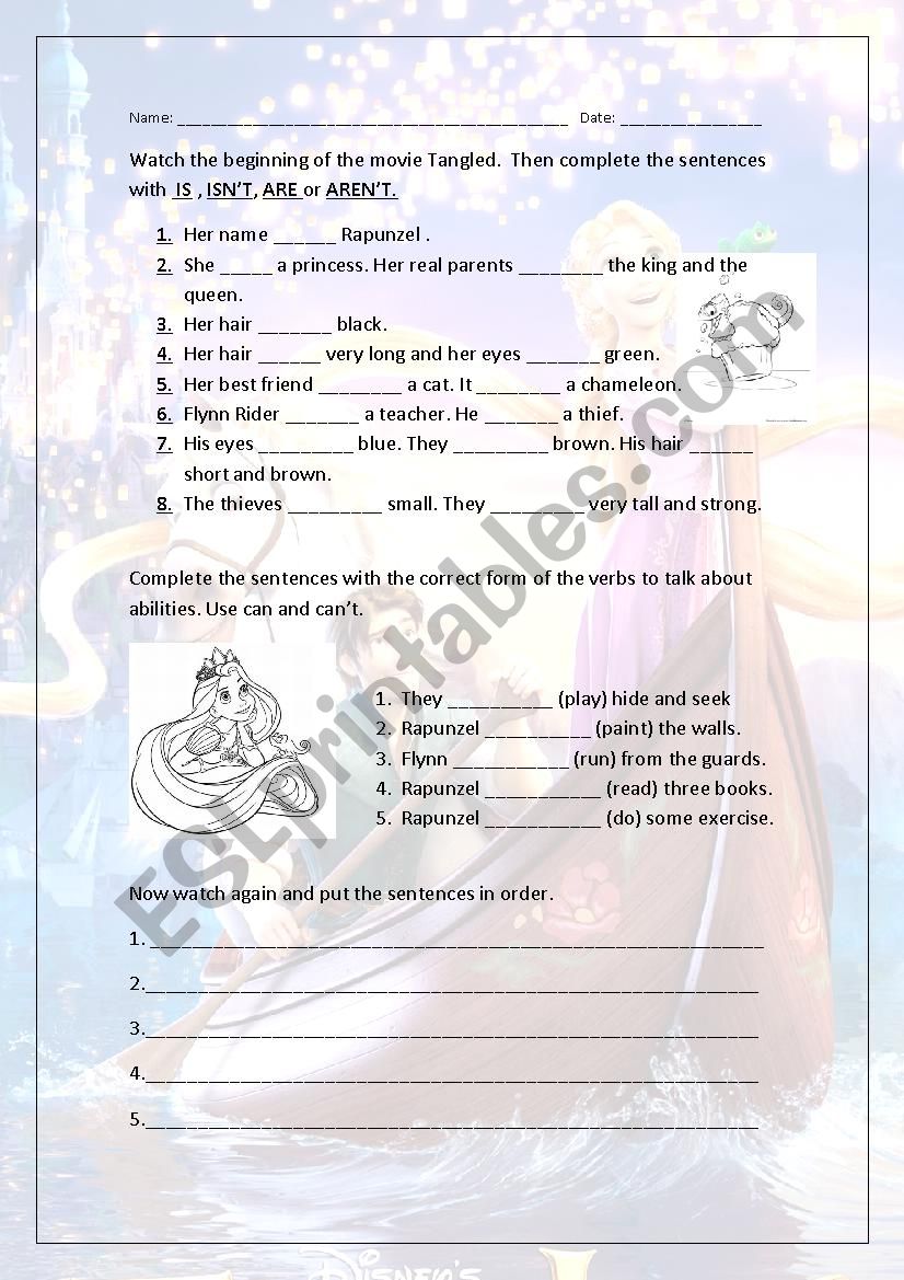 MOVIE ACTIVITY - Tangled - Verb to be and Can Can`t for abilities